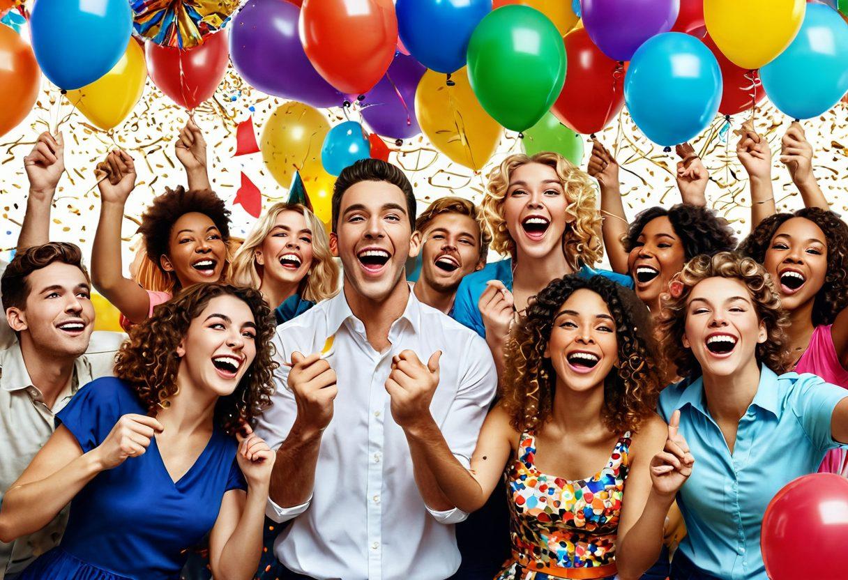 A colorful celebration scene featuring a diverse group of people joyfully winning raffle prizes, surrounded by confetti and balloons. Include shiny golden tickets and large colorful drawings in the background, symbolizing luck and excitement. Showcase expressions of surprise and happiness on their faces. The setting is festive and bright, reminiscent of a carnival atmosphere. vibrant colors. super-realistic.