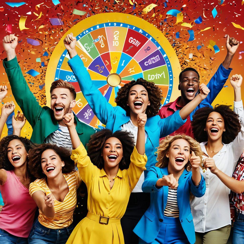A vibrant collage showcasing a diverse group of excited individuals celebrating various sweepstakes wins, surrounded by colorful confetti and banners promoting joyful promotions. Include elements like a lottery wheel, golden coins, and joyful expressions to capture the essence of excitement in winning. The background should have hints of a festive carnival atmosphere. cartoonish style. bright colors. whimsical details.