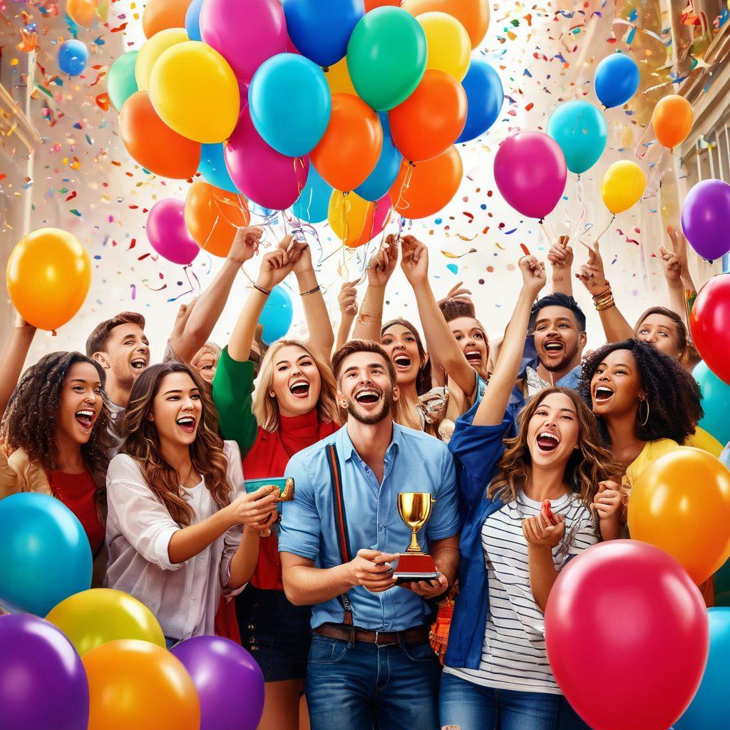 A festive scene showcasing a diverse group of people joyfully celebrating their winnings, surrounded by colorful balloons and confetti. Include a large trophy and an assortment of exciting prizes like gadgets, gift cards, and mystery boxes. The atmosphere should be vibrant and energetic, with characters expressing excitement and happiness. super-realistic. vibrant colors. festive atmosphere.